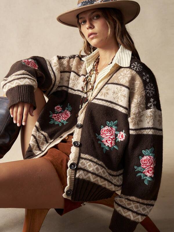 Bohemela 复古提花撞色刺绣毛衣开衫