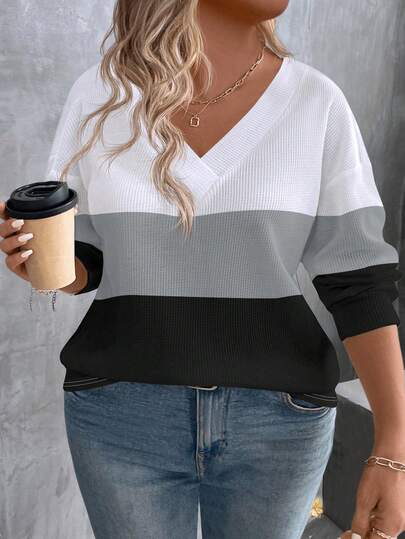 EMERY ROSE Camiseta de manga larga con cuello en V y bloque de color para mujer de talla grande, ropa casual de negocios para otoño/invierno