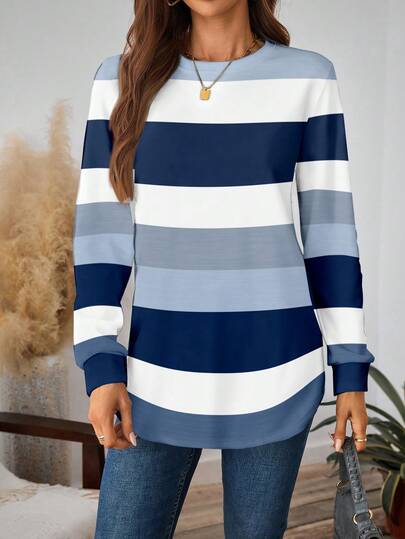 EMERY ROSE Casual Striped Minimalist Loose Fit Crew Neck Long Sleeve Sweatshirt For Women, Suitable For Fall/Winter Graduation,Back To School Outfits,Graduation,Teacher Outfits For Women,Back To School Women Casual Tops Women Long Sleeve Tops Long T Shirt For Women Women Casual Tops Women Casual Tops Nautical Clothing For Women Blue And White Top Striped Long Sleeve