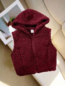 SHEIN 少女休闲街头风舒适双面抓绒连帽拉链短款无袖外套，酒红色