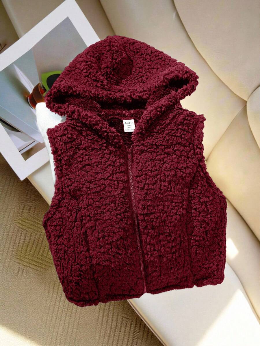 SHEIN 少女休闲街头风舒适双面抓绒连帽拉链短款无袖外套，酒红色
