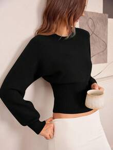 Hanevo Casual Round Neck Drawstring Waist Slim Fit Solid Color Knit Sweater, Versatile For Autumn/Winter - Black - View 8