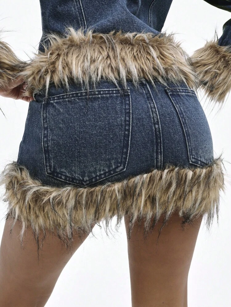 BABYPHAT 인조 모피 트림 장식 프린지 디테일 하이 웨이스트 짧은 길이 겨울 가을 패션 스테이트먼트 피스가 있는 데님 미니 스커트