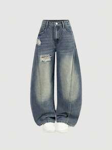 女童牛仔裤，8-12岁，时尚拼接复古Y2K宽松阔腿牛仔裤，松紧腰，右腿破洞设计，柔软牛仔棉面料，做旧水洗质感，适合城市漫步、日常穿搭、OOTD（每日穿搭）、外出、旅行、派对等场合，新品上市 - 深色水洗藍 - 查看 1