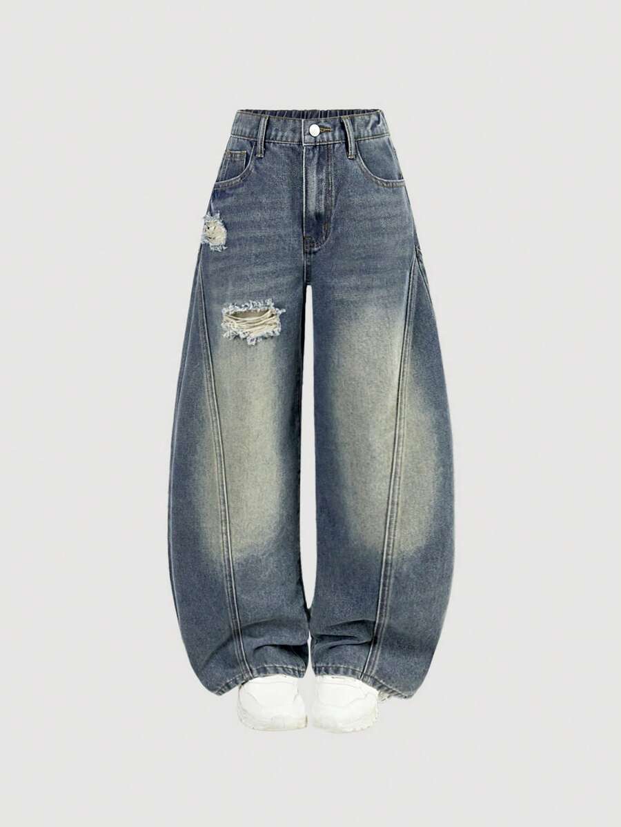 女童牛仔裤，8-12岁，时尚拼接复古Y2K宽松阔腿牛仔裤，松紧腰，右腿破洞设计，柔软牛仔棉面料，做旧水洗质感，适合城市漫步、日常穿搭、OOTD（每日穿搭）、外出、旅行、派对等场合，新品上市 - 深色水洗藍 - 查看 1