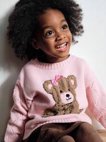 Maija Kids Cartoon Bear Pattern Round Neck Long Sleeve Young Girls Sweaters Kids Knit Sweater Bear Sweater Girls Knit Sweater Pink Kids Sweater Girls Pink Sweater,In Fall/Winter - Pink - View 1