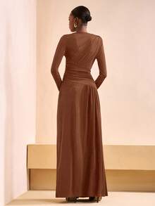 Zivah 2025 Autumn/Winter New Arrival Music Festival, Easter, St. Patrick's Day, Western, Nomadic, Birthday Party, Graduation, College Style, Student, Daily Casual, All-Match Versatile, Leisure, Cruise Travel, Beach, Sunbathing, Viral , Streetwear, Wedding Guest Boho, Commute, Brunch, Airport, Y2K, Vintage Distressed Round Neck Long Sleeve Ruched Waist Maxi Brown Shiny Dress - Redwood - View 2