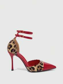CUCCOO SZL Zapatos de tacón con puntera puntiaguda, estampado de leopardo y parches, elegantes y de moda para uso diario - Rojo - Ver 3
