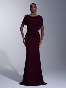 Elitara Elegant, Luxurious, High-End, Versatile Elastic Knit Ruched Shawl Sleeve Sexy Mermaid Dress, Suitable For Weddings, Events, Singles Parties, Vacations, Galas, Formal Occasions - Burgundy - View 6