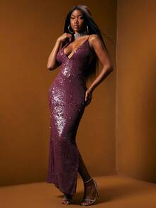 NYA SZN 女士V领深V领细肩带紧身露背亮片假日奢华优雅派对长款冬季连衣裙 - 紅色 - 查看 4