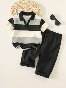 2 pièces Ensemble polo rayé décontracté et pantalon à taille élastique pour bébé garçon. Convient pour les fêtes d'anniversaire, soirées, représentations, mariages, baby showers, 1er anniversaire - Multicolore - Voir 8