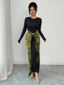 Elenzga Vestido de mujer con diseño de parche de estilo retro europeo y americano, cuello redondo, vestido de terciopelo estilizante de parche 2 en 1 con decoración de hebilla de metal en la cintura, dobladillo plisado irregular, elegante y exquisito vestido de fiesta de noche, vestido de manga larga, adecuado para mujeres de 20 a 35+ años para vacaciones, citas, galas