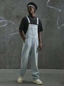 Manfinity EMRG Men's Casual Washed Cross Rhinestone Decor Denim Bib Overalls Boyfriend & Husband Comfortable Regular Washed Blue OVERSIZE Vacation Party For Cargo Overalls