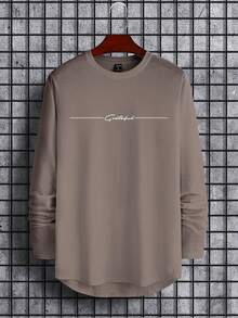 Manfinity Homme 男士休闲日常通勤简约百搭字母印花长袖T恤，春秋季 - 駝色 - 查看 6