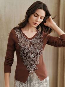 Anewsta New Autumn/Winter Women's Thanksgiving & Christmas Elegant V-Neck T-Shirt, Comfortable & Slimming Sweater With Stylish Collar Design - Coffee Brown - View 7