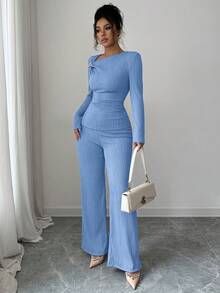 Elenzga 两件套女士优雅不对称领口3D玫瑰金纽扣装饰长袖T恤+裤子套装 - 藍色 - 查看 6