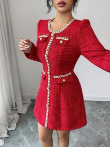 Elenzga Women's Color Block Trim Round Neck Long Sleeve Front Button Elegant Dress - Burgundy - View 3