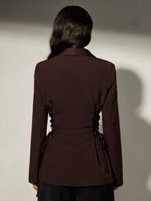 Aveloria Modichic 缎面拼接系带女士西装外套，优雅休闲夹克 - 酒紅色 - 查看 2