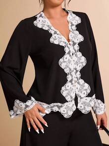 Allurite Damen Outfit in Große Größen, 2-teilig, Kontrast-Rüschen-Patchwork-Hemd und Hose Set, französischer Lässig-Stil - Schwarz - Übersicht 6