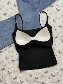 Tseoso 休闲百搭两件装吊带背心，内置胸垫 - 白色、黑色罗纹背心设计，完美的夏季上衣，适合全年穿着。居家、休闲外出和运动的理想之选。舒适时尚的吊带背心，可单穿或叠穿。 - 黑色 - 查看 5