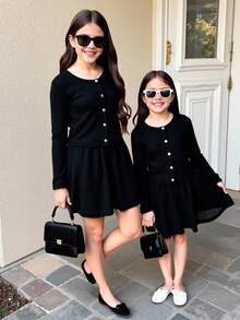 Teen Girls Cozy Fuzzy 2pcs Outfit,Long-Sleeve Button Front Cardigan&Flared Mini Skirt Set,Black Soft Textured Autumn,Casual,Holiday Stylish Ensemble - Black - View 1