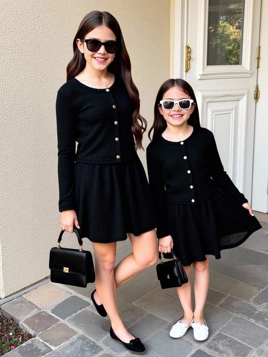 Teen Girls Cozy Fuzzy 2pcs Outfit,Long-Sleeve Button Front Cardigan&Flared Mini Skirt Set,Black Soft Textured Autumn,Casual,Holiday Stylish Ensemble - Black - View 1