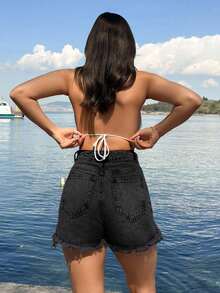 SHEIN Tall 100%Cotton Black Label Detailed Short With Destroy - Black - View 2