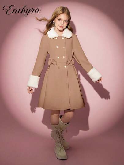 Tween Girls' Casual Elegant Basic Coat With Fur Collar, Bow Decor, A-Line, Autumn/Winter