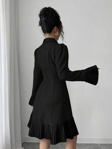 Elenzga Peplum Hem Splice Long Sleeve Short Dress - Black - View 2