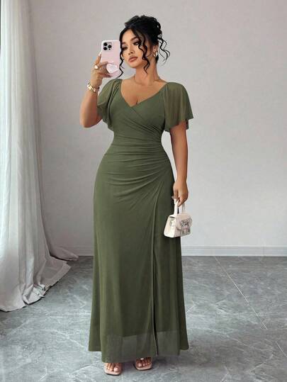 Elenzga Vestido de mujer con cuello en V, mangas con volantes, cintura plisada y abertura, color lavanda. Vestido de dama de honor elegante para boda, fiesta y ocasión formal.