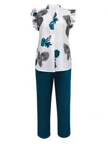 SHEIN LUNE Bộ 2 áo sơ mi tay bồng họa tiết hoa đi nghỉ mát dành cho nữ và quần thường ngày - Màu xanh ngọc - Xem 4