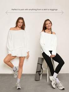 GLOWMODE Modal Soft Oversized Off-Shoulder Sweatshirt Daily Casual Fall - White - View 5