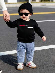 2pcs/Set Baby Boy Striped Graphic Print Black Crew Neck Long Sleeve Knit Sweatshirt And Denim Pants Outfit, Casual Daily Wear For Infant/Toddler Boys 6 Months - 2-3 Years, Spring/Winter
