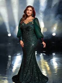 Glamrae 加大码优雅奢华祖母绿亮片撞色网眼灯笼袖修身美人鱼下摆拖尾长裙，适合晚会、约会、舞会、婚礼、毕业典礼（重磅装饰） - 墨綠色 - 查看 2