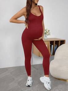 SHEIN Maternity Solid Color Sleeveless Fitted Jumpsuit - Burgundy - View 3