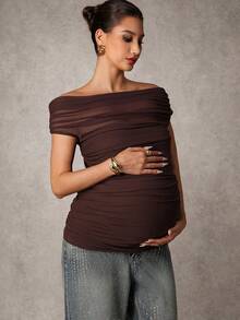 MaterniChic Maternity Clothes Maternity  Tops Summer Pregnant Clothes Brown Off-Shoulder T-Shirt With Mesh Ruching For An Elegant Party Look