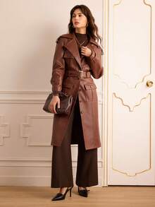 Lilora Áo khoác dáng dài tay cổ bẻ kiểu vintage mới dành cho nữ, thắt lưng và có khóa chữ D, kiểu dáng thanh lịch, ôm sát, thích hợp cho mùa thu/đông. Áo khoác dáng dài mùa đông cho nữ, chống gió và giữ ấm bằng chất liệu PU, phong cách vintage, dự tiệc, ngày lễ tình nhân, thời trang đường phố, kỳ nghỉ, khách dự đám cưới, tiệc tùng, năm mới, màu nâu, da, phong cách miền Tây, cổ điển. - màu nâu - Xem 5