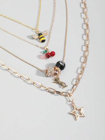Fairycore 4pcs Fashionable Rhinestone Bee, Acrylic Cherry, Alloy Star, Leopard, Dice Pendant Layered Necklace For Women