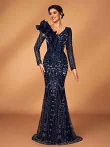 Serin Elegant Navy Blue Sequin Maxi Mother Of The Bride Dress With Long Sleeves And Ruffle V Neck For Special Occasions - Navy Blue - View 8