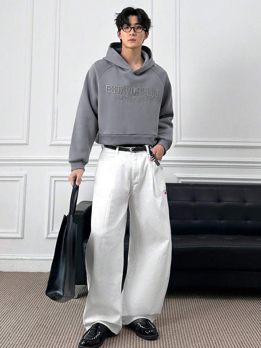 Manfinity BRENVOR Áo hoodie thường ngày tay raglan thêu chữ cho nam - Xám - Xem 1