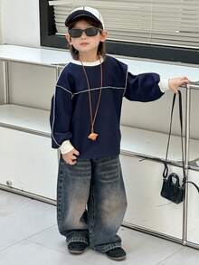 Dazy Kids 男童撞色圆领落肩长袖休闲宽松卫衣 - 藏蓝色 - 查看 3