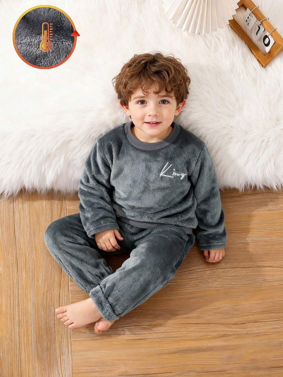 SHEIN Baby Boy Letter Embroidered Crew Neck Fleece Sweatshirt And Pants Pajama Set - Grey - View 1