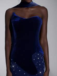 Elitara 优雅奢华军绿色天鹅绒面料重工装饰不对称领口亮片鱼尾裙，女士正式晚礼服 - 藏蓝色 - 查看 7