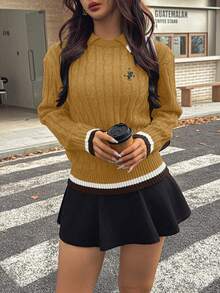 Chiquease 女士休闲马图案刺绣撞色滚边毛衣，秋冬款 - 芥末黃 - 查看 6