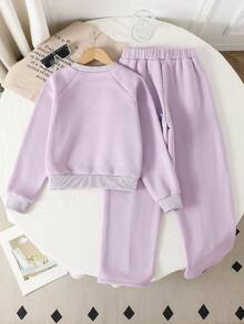 Genkimix Kids 两件套女童时尚灰色圆领长袖上衣和阔腿裤，饰有蝴蝶结，秋冬季 - 紫色 - 查看 2