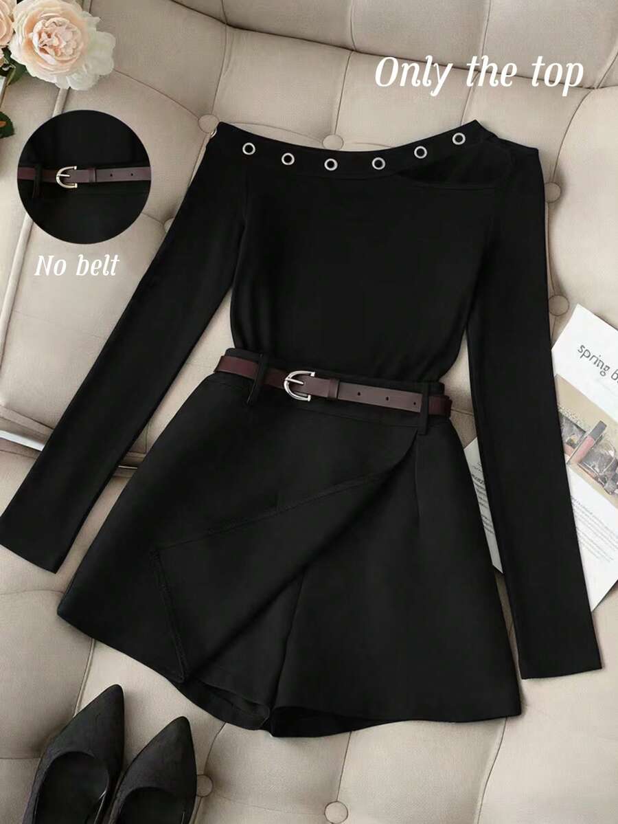 Franclia Women's Casual Chic Street Fashion Simple Solid Color Irregular Neck Grommet Detail Long Sleeve Fitted T-Shirt, Spring/Autumn - Black - View 1