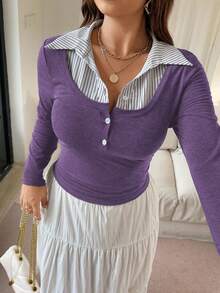 Vionelle Plus Size Women French Style Casual Patchwork Long Sleeve T-Shirt Lilac Top Cute Long Sleeve Top Long Sleeve Top Lavender Top Purple Top Women Long Sleeve Tops - Purple - View 5