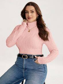 Comfylo Plus Size Solid Color Turtleneck Textured T-Shirt, Casual Autumn/Winter - Pink - View 9
