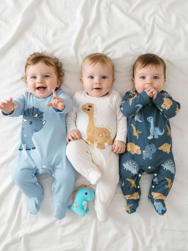 3pcs/Set Blue White Navy Baby Romper Newborn Baby Dinosaur Printed Romper & Jumpsuit Set, Comfortable Casual Outfits For Home & Outdoor Wear, All Seasons 0-9M Baby Clothes Unisex Newborn Clothes Newborn Pajamas Baby Dinosaur Pajamas Dinosaur Baby Clothes Fall Winter