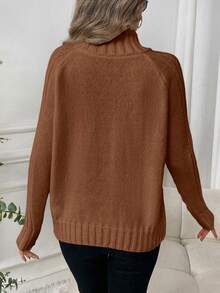 SHEIN LUNE Solid Color High Neck Raglan Sleeve Loose Casual Knit Pullover Sweater - Rust Brown - View 2